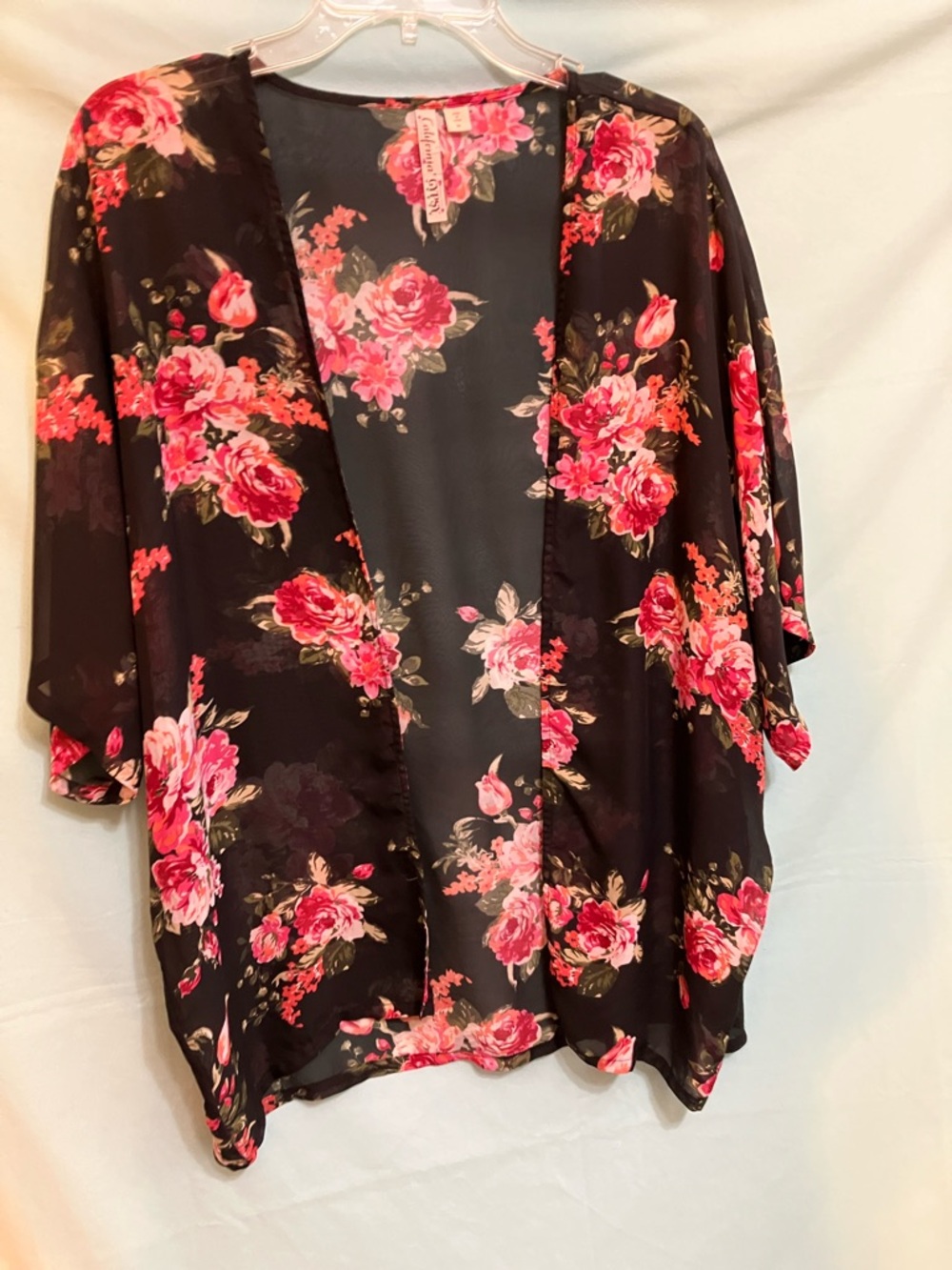 California GypsyOpen-Front Kimono Top - Black with Pink Roses